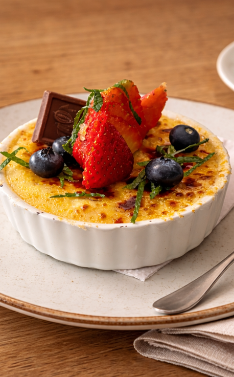 Crème brûlée con fresas y arándanos
